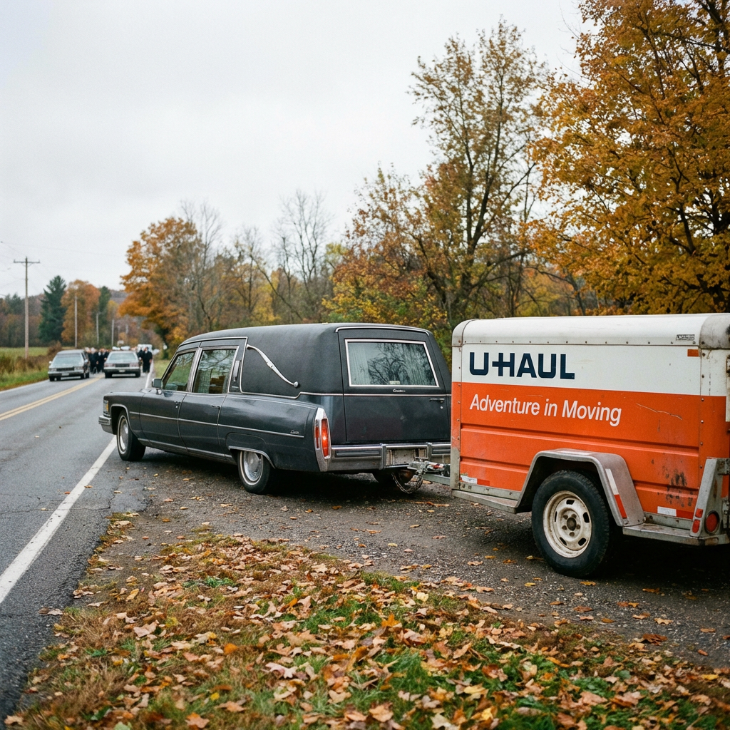 Black hearse towing an orange U-Haul trailer on a roadside with autumn foliage.