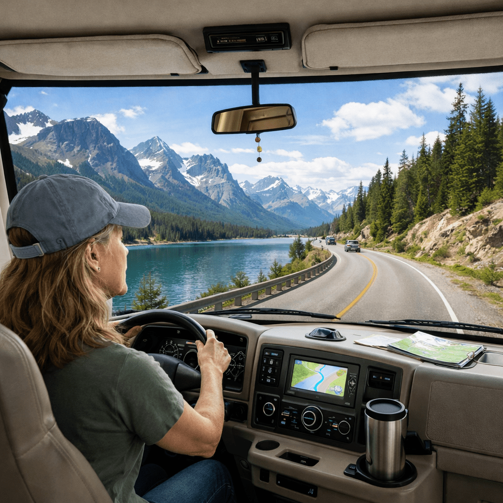 Person driving a vehicle on a curved road next to a lake with snow-capped mountains and pine trees