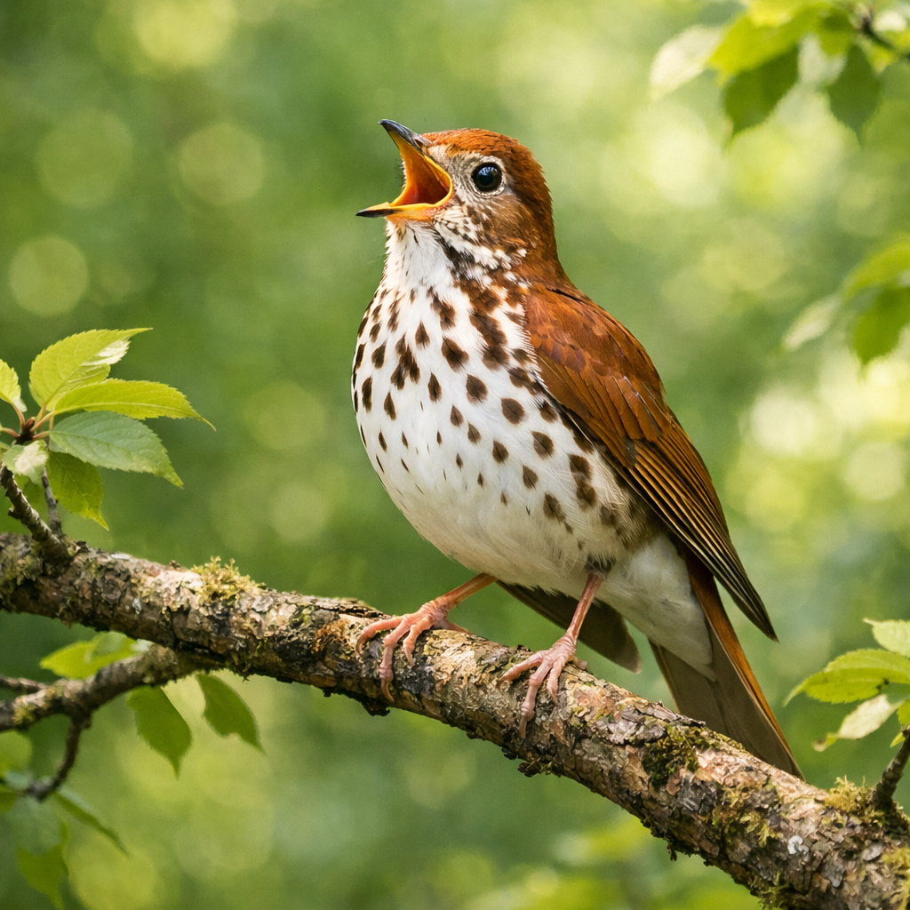 Brown and white bird with spotted chest singing on tree branch