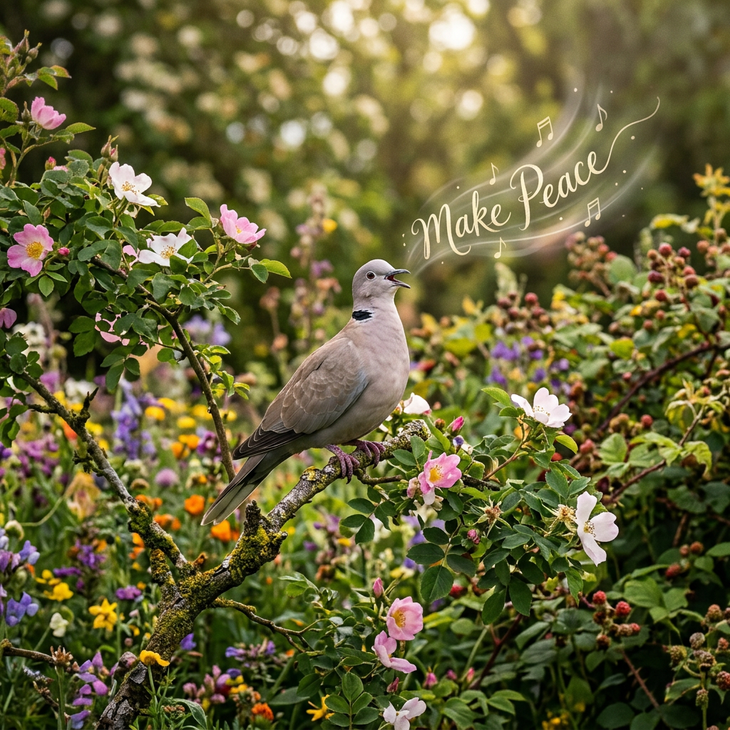 A bird sitting on a moss-covered branch among flowers, singing 'Make Peace'