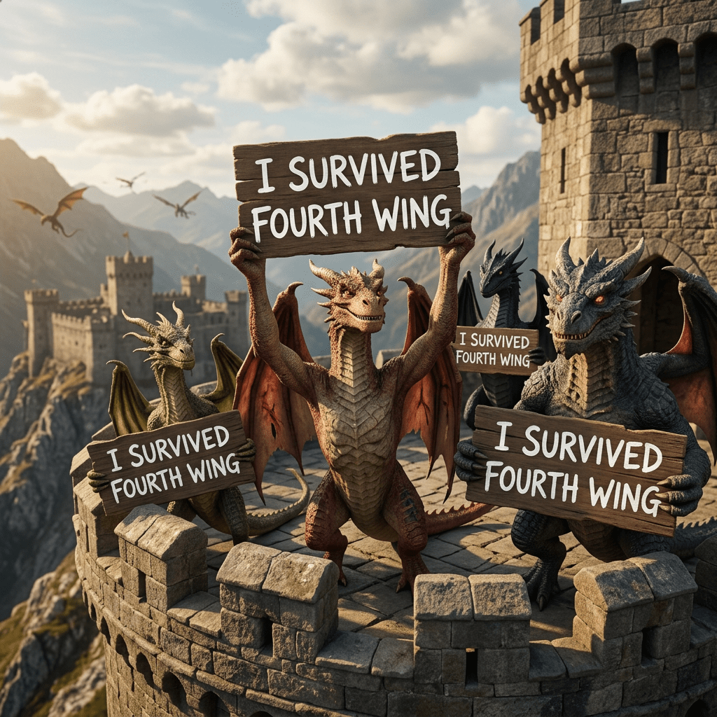 Four dragons standing on a castle tower holding signs that say 'I survived Fourth Wing'