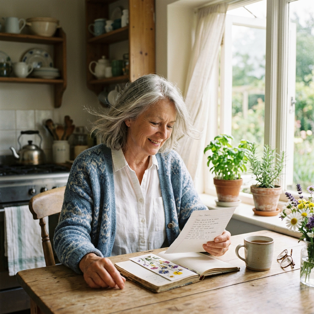 Older woman reading a handwritten letter at a kitchen table with plants and a cup of tea
