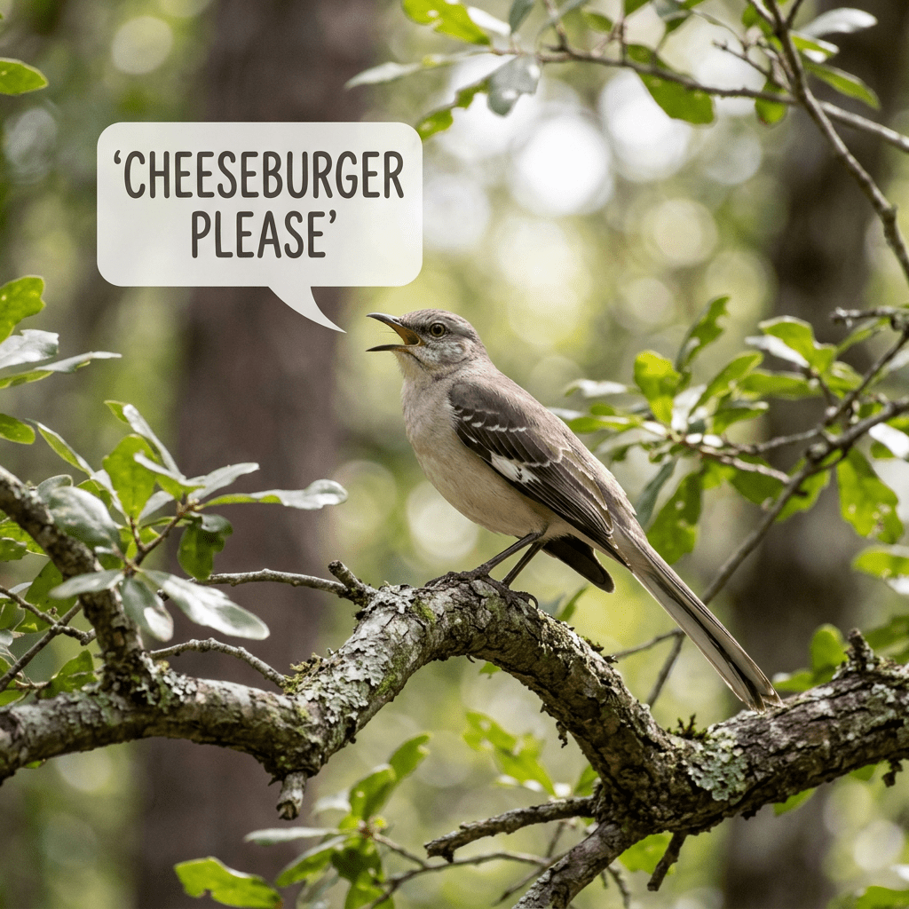 A bird perched on a tree branch with a speech bubble saying 'CHEESEBURGER PLEASE'