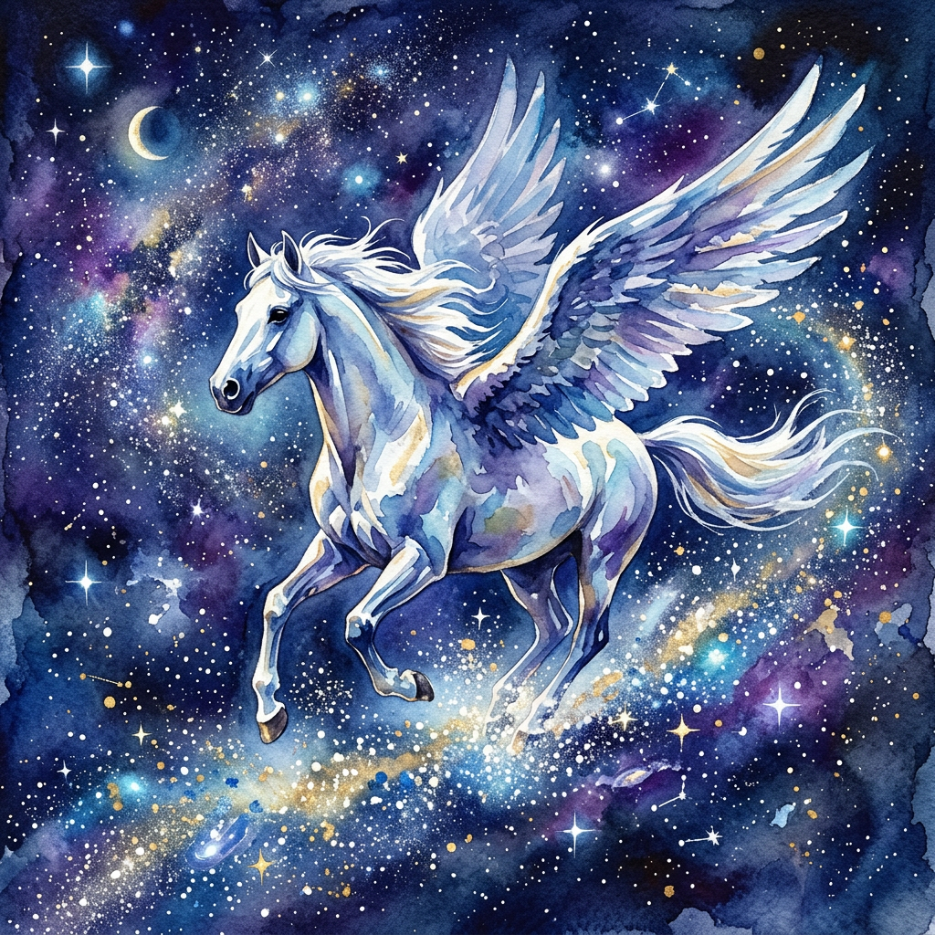 White winged horse flying in a vibrant starry galaxy with moon and constellations