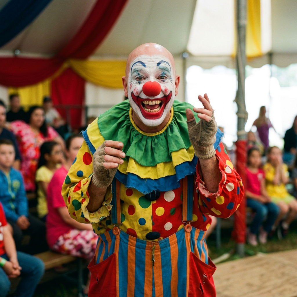 Clown with white face paint, red nose, colorful polka-dot costume and raccoon gloves performing in front of seated audience