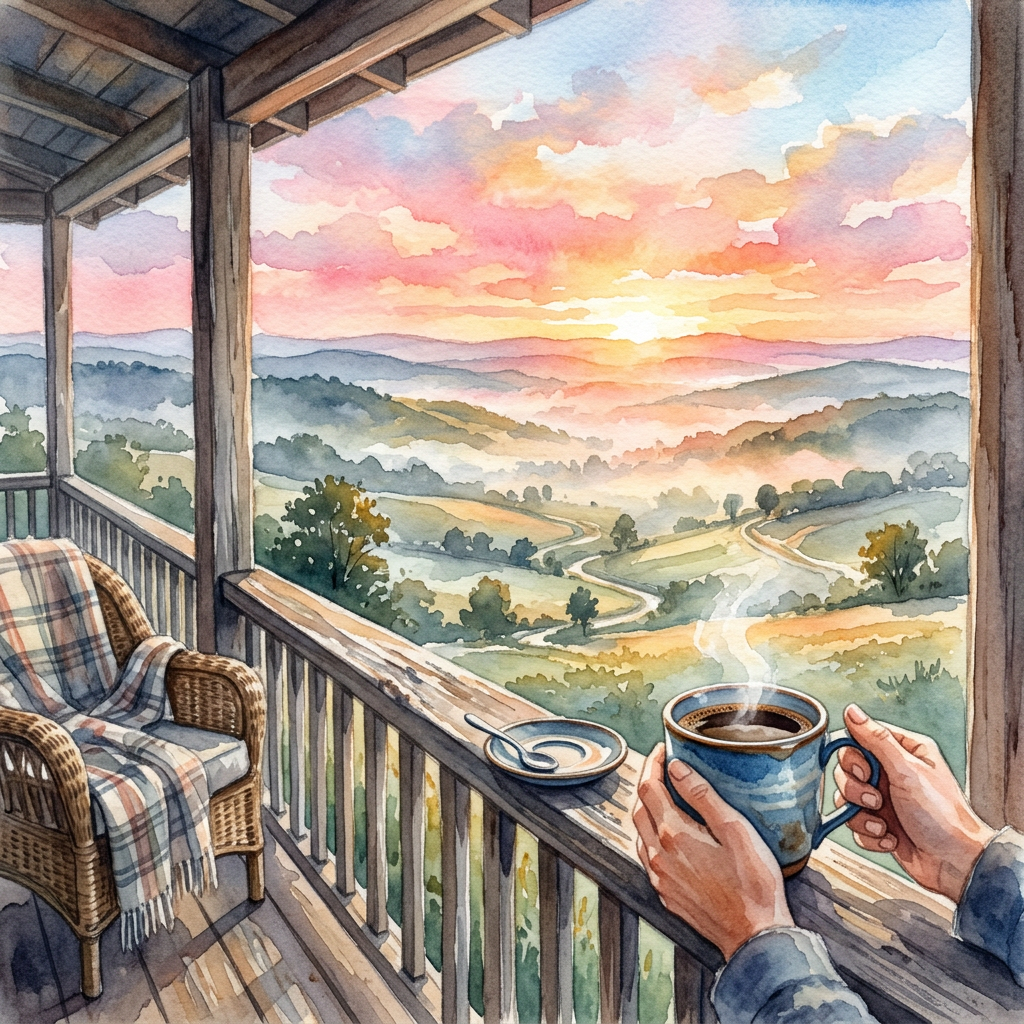 Hands holding steaming coffee cup on porch railing with sunrise over rolling hills and mist