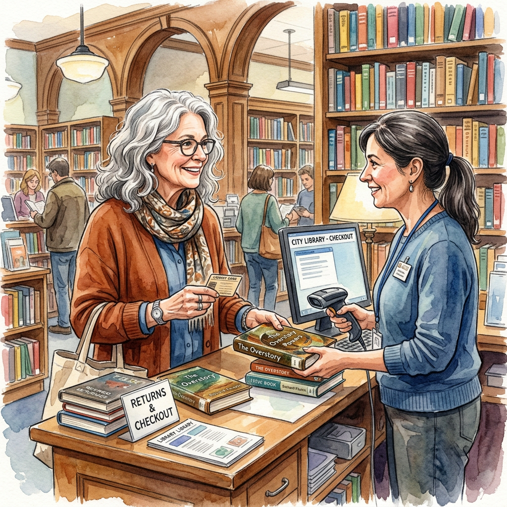 Librarian scanning books while woman shows library card at checkout desk
