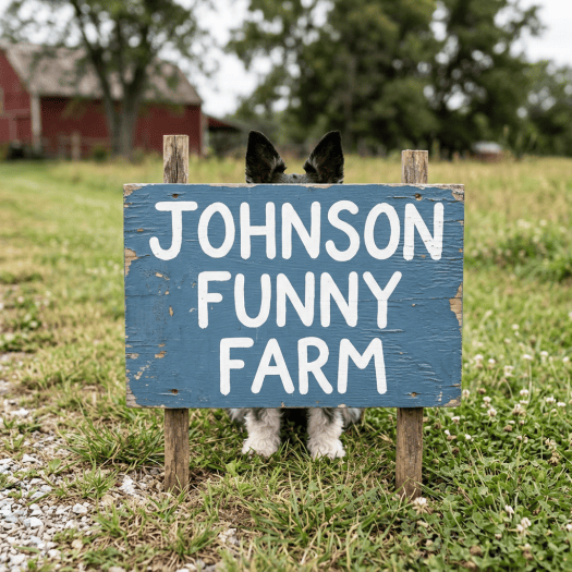 Dog hiding behind a sign reading Johnson Funny Farm